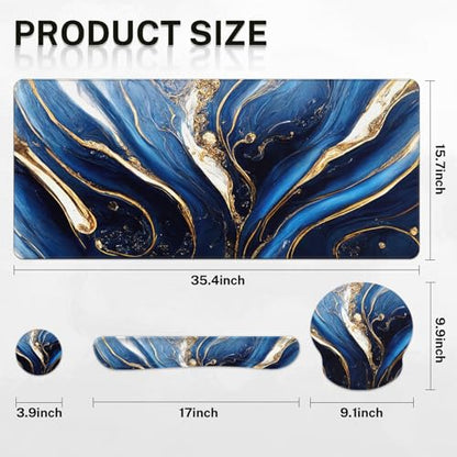 Britimes Blue and Gold Marble Keyboard Mouse Pad Set 4in1 Large Mousepad+Keyboard Wrist Rest+Mouse Wrist Rest+Coaster Set with Ergonomic Design for Home Office Computer 35.4x15.7 inches - color: Blue and Gold Marble