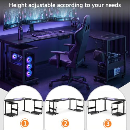 Computer Tower Stand with LED Light Strip, Mobile Rolling CPU Holder | Height Adjustable PC Tower Stand with Charging Station for Office/Home - Black Texture - color: Black Texture, size: 19.29'' × 11.42'