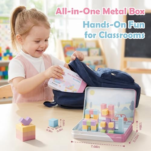 52 PCS Magnetic Blocks with Metal Box, 0.8in Mini Building Cubes Travel Set | Magnetic Building Blocks Toddler Travel Essentials Toys, STEM Educational Magnet Building Sensory Toys for Boys Girls Gifts - color: Pink