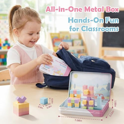52 PCS Magnetic Blocks with Metal Box, 0.8in Mini Building Cubes Travel Set | Magnetic Building Blocks Toddler Travel Essentials Toys, STEM Educational Magnet Building Sensory Toys for Boys Girls Gifts - color: Pink