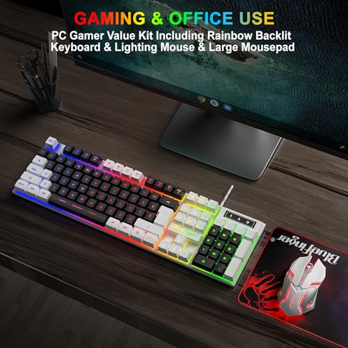 BlueFinger RGB Gaming Keyboard and Backlit Mouse Combo, USB Wired, LED Gaming Set for Laptop PC Computer Game and Work (White & Black) - color: White & Black