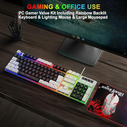 BlueFinger RGB Gaming Keyboard and Backlit Mouse Combo, USB Wired, LED Gaming Set for Laptop PC Computer Game and Work (White & Black) - color: White & Black