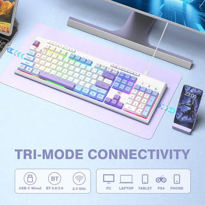 Wireless Gaming Keyboard, Tri-Mode, RGB Light up Backlit Creamy Keyboards | BT5.0/2.4GHz/USB-C, RGB Light up, Customizable Macro Keys, 26 Anti-ghosting Keys, 4000mAh Battery, Creamy Computer Keyboards