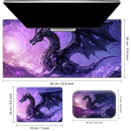 Desk Pad, Large Game Mouse Pad + Small Mouse Pad + Wrist Rest,Ergonomic Mouse Pad,Table Mat with Stitched Edge,Anti-Slip,Memory Foam Desk Mat for Home Office Gaming(23.6×11.8in),Purple Dragon - color: Purple Dragon