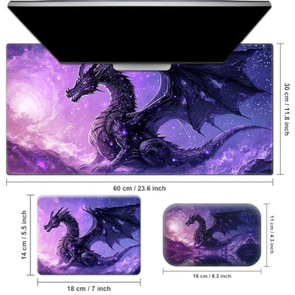 Desk Pad, Large Game Mouse Pad + Small Mouse Pad + Wrist Rest,Ergonomic Mouse Pad,Table Mat with Stitched Edge,Anti-Slip,Memory Foam Desk Mat for Home Office Gaming(23.6×11.8in),Purple Dragon - color: Purple Dragon