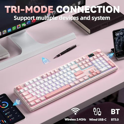 LINGBAO K108 Pro Wireless Mechanical Keyboard with Screen & Knob, Full Size Creamy Keyboard with Number Pad, 10000mAh Battery, PBT Keycaps, RGB Backlit, Hot-swappable Pink Gaming Keyboard for PC/Mac - color: White & Pink