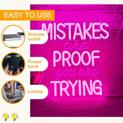 Allball Mistakes Are Proof You Are Trying Neon Sign, Motivational Neon Sign USB Powered LED Dimmable, for Classroom Office Children Room Bedroom Living Room Sign, Graduation Gift(11.8 * 11 In) - color: pink1