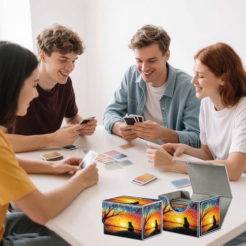 Cat Sunset Tree for MTG Deck Box, 100+ Double Sleeved Card Storage Case, PU Leather Commander Deck Case for TCG Magic Yugioh, Magnetic Closure - color: Cat Sunset Tree