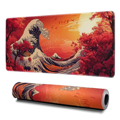 Red Japanese Sea Wave Mouse Pad Abstract Red Mouse Pad 31.5x11.8 Inch Texture Non-Slip Rubber Base Large Mousepad Stitched Edges Keyboard Mouse Mat Desk Pad for Office and Home - color: Red Japanese Sea Wave