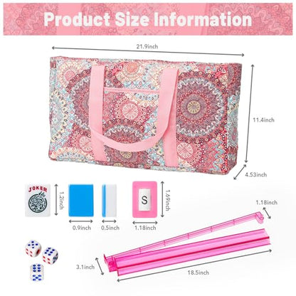 American Mahjong Tile Set with Pink Printed Carrying Bag, 166 Blue Tiles, 4 All-in-One Color Racks/Pushers, Mah Jongg Sets, Mahjong Game Set for Travel, Christmas, Birthday Gifts - color: Pink（blue Tiles）