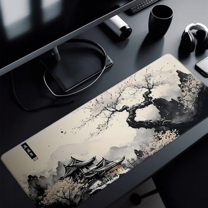 Japanese Mouse Pad, Large Japanese Desk Mat, XL Anime Gaming Keyboard Mat, Non-Slip Rubber Base, Big Extended Desk Protector for Office and Home, 31.5”x11.8” - color: Cherry Blossom