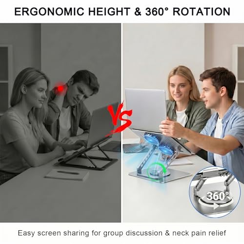 Laptop Stand with Cooling Fan, 360 Rotating Base Aluminum Laptop Riser, Foldable Ergonomic Computer Stand for Desk, Height Adjustable Notebook for All Laptops up to 17.3" (Silver) - color: Silver