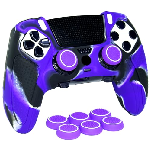 Purple Black Anti-Slip Controller Skin,Studded Edition Protective Silicone Cover Skin Grips Compatible with ps5 dualsense Edge and 6 PCS Thumb Grips Caps. - color: Purple Black