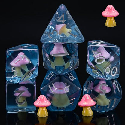 Mushrooms DND Dice Set, Resin Animal Polyhedral Dice for Dungeons and Dragons, RPG, MTG D&D 7-DIE (D4, D6, D8, D10, D12, D20, D%) - color: Pink Mushrooms