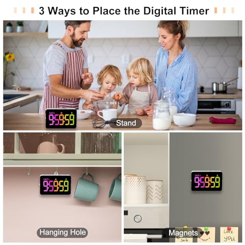 PERSUPER Kitchen Digital Timer, Count Down Up, Rechargeable, Vibration Mode | Adjustable Volume and Brightness LED Display, Time Management Cook, Desk, Kids Adults Study Teaching, Kitchen Gadgets RGB ﻿ - color: .Rgb