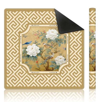 Yellow Chinoiserie Floral Bird Mahjong Mat 31.5 x 31.5 Inch, Traditional Chinese Print Peony Non-Slip Noise Reduction Mahjong Table Mat for American Mah Jong Poker Card Board Games Dominoes - color: Yellow Chinoiserie