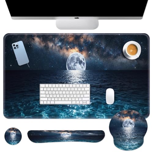 Arttown Keyboard Mouse Pad Set, 4 in 1 Desk Mat Set Seascape Moonlight | Wave Night Romantic Large Mousepad+Keyboard Wrist Rest+Mouse Wrist Rest+Coaster Ergonomic Design for Home Office Computer - color: Moonlight Night