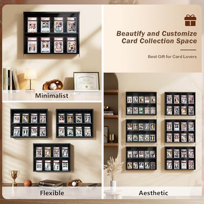Emfogo Card Display Case, 3 Pack Trading Card Display with Clear View, Wooden Graded Sports Card Display Case Wall Mounted, Baseball Card Display Frame for Trading Card Collection (3 Pack-Black) - size: 2-Layer 3 Pack