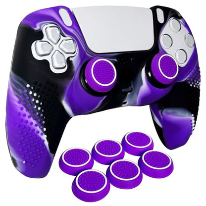 Anti-Slip Purple&Black Controller Skin,Studded Edition Protective Silicone Cover Skin Grips Compatible with PS5/Slim/Pro Controller and 6 PCS Thumb Grips Caps. - color: Purple & Black