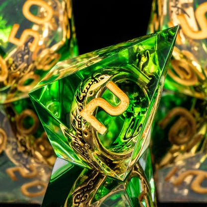 OUKELANWO Magic Lord Rings DND Dice Set with Box, 7Pcs Resin LOTR D&D Dice Set for Role Playing Game, Green Gold Dungeons Dragons D and D Sharp Edge Dice D20 D12 D10 D8 D6 D4 - color: Green