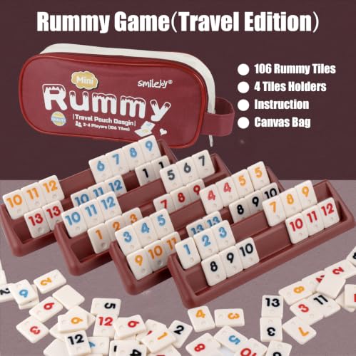 Smilejoy Mini Rummy Cube 4 Players Edition,Travel Rummy Game Set with Portable Canvas Bag,Classic Board Game for Adults and Kids |106 Tiles | 4 Playing Racks |1 Dice | (2-4 Player) | Travel carry bag,4 Hold racks, 2 jokers, 106 Color Melamine tiles, Trave