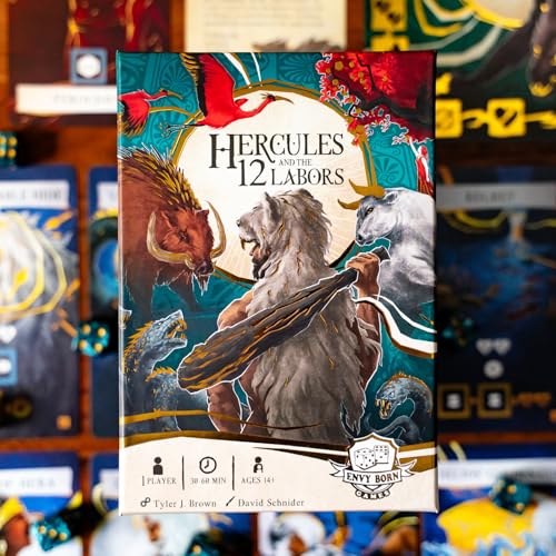 Envy Born Games Hercules and the 12 Labors – Solo Card & Dice Game | Mythology Strategy Adventure | Complete Epic Quests, Battle Monsters & Unlock Godhood | Immersive Board Game for Adults & Teens