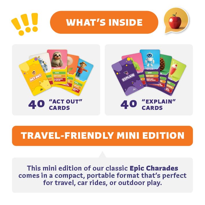 Clever Fox Play Epic Charades Mini Game for Kids Ages 6+, Travel Card Game | 80 act out and explain cards, illustrations, timer, family party game, classroom activity, car trips and travel play - size: Mini