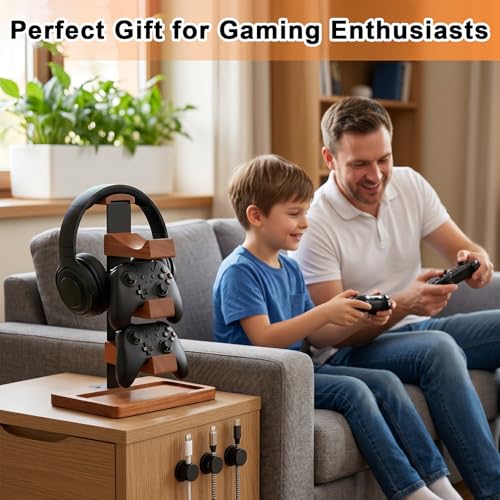 Headset Stand with Dual Controller Holder, Solid Wood Headphone Stand with Storage Base, Gaming Equipment Accessories for Desk, Controller Holder for Gamers