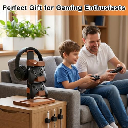 Headset Stand with Dual Controller Holder, Solid Wood Headphone Stand with Storage Base, Gaming Equipment Accessories for Desk, Controller Holder for Gamers