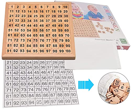 umbresen Wooden Toys Hundred Board Montessori 1-100 Consecutive Numbers Early Childhood Toys Digital Board for Kids with Storage Bag