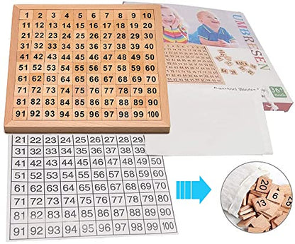 umbresen Wooden Toys Hundred Board Montessori 1-100 Consecutive Numbers Early Childhood Toys Digital Board for Kids with Storage Bag