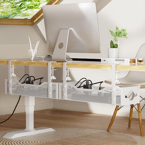 Under Desk Cable Management Tray 2 Pack, No Drill Cable Organizer With Clamp for Standing Desk, Easy to Install Cord Management System, No Damage Wire Organizer - color: White, size: 13.38"-2 pack