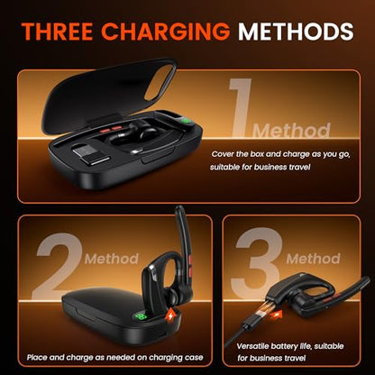 Bluetooth Headset V5.3, Wireless Headset with Dual Noise-Canceling Mics, Portable Charging Case, 300H Standby Time, Hands Free Headphones for PC/Cell Phones, Trucker/Office/Work - color: Black