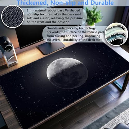 Black Moon Desk Mat, Astronomy XXL Large Gaming Mouse Pad 31.5x15.7 in | Aesthetic astronomy galaxy desk pad with 3mm dense cushion, smooth cloth top, and non-slip rubber base. - color: Moon