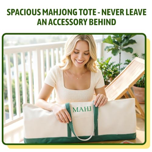 Extra Large 33.8 INCH Mahjong Bag for Tiles and Racks & Mat, Empty American Mahjong Tiles Carrying Canvas Tote Bag 33.8 x 4.7 x 11.8 Inches, Games Accessories Gifts (Bag Only) (Green)