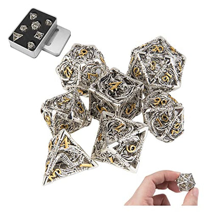 DND Dice,Hollow D&D Metal Dice,Dungeons and Dragons Dice Set with Gift Box,7 PCs Steampunk Polyhedral Dice Games Set for RPG,MTG,Pathfinder,(Dragon Silver Golden) - color: Dragon Silver Golden