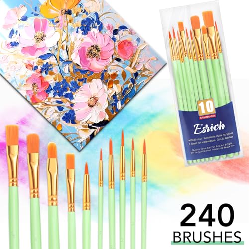 ESRICH Paint Brushes Set,24 Packs 240 Pcs Acrylic Paint Brush Set,Acrylic Oil Watercolor, Face Nail Art, Miniature Detailing,Rock Painting,Painting Artist Professional Kits(Green) - color: Green, size: 240