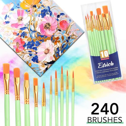 ESRICH Paint Brushes Set,24 Packs 240 Pcs Acrylic Paint Brush Set,Acrylic Oil Watercolor, Face Nail Art, Miniature Detailing,Rock Painting,Painting Artist Professional Kits(Green) - color: Green, size: 240