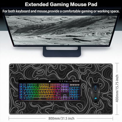 Canjoy Gaming Mouse Pad, Topographic Large Mouse Pads for Desk 31.5x15.7in | Full Desk Mousepad Keyboard Mat Big Large Extended Mouse Pad Computer Mat with Anti-Slip & Double Stitched - color: Black Topographic, size: 800*400mm