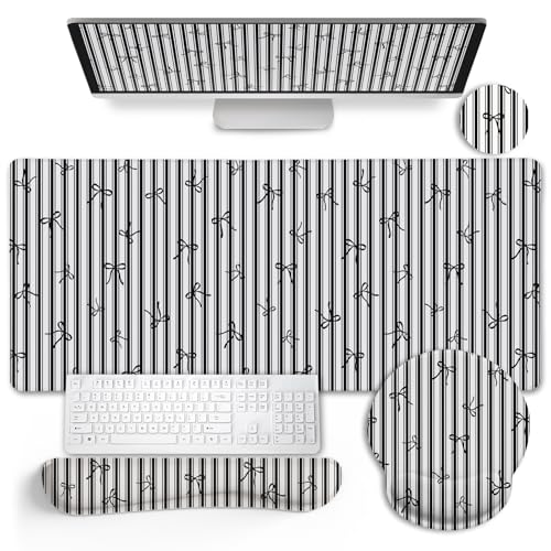 LIMKRIAN Black Striped Ergonomic Large Desk Mat Set with Wrist Rest | Non-Slip PU Base, Stitched Edges, Gel Wrist & Keyboard Rest Ease Pain, Ideal For Office/Gaming, Cute Home Office Decor - color: Bow Black Stripes