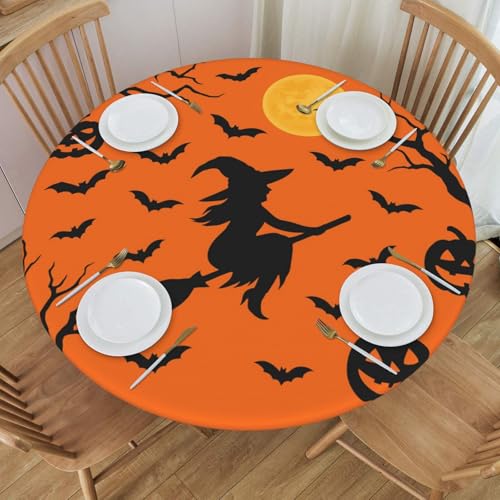 Famame Halloween Witch Moon Pumpkins Round Fitted Tablecloth with Elastic Protector Table Kitchen Dinner Waterproof Oil-Proof Table Covers Fits 40"-44", Small - color: Halloween Witch Moon Pumpkins, size: Small (40"-44")