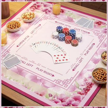 Flower Mahjong Mat with Rules 31.5" x 31.5" Non-Slip Noise Reduction Gaming Mat with Carrying Bag American Mahjong Table Cover for Poker Board Card Games Dominoes(Pink) - style: Pink