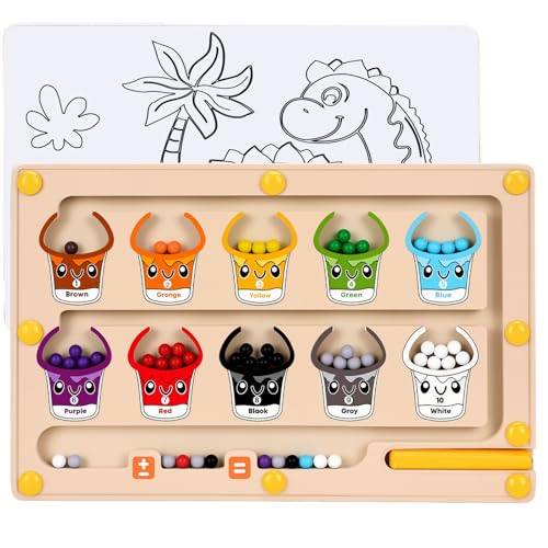 2 IN 1 Magnetic Color and Number Maze, Montessori Toys with Drawing Board for 3 4 5 Year Old, Wooden Magnet Balls Puzzles, Learning Educational Toys for Kids Toddlers Boys Girls Christmas Birthday
