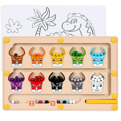 2 IN 1 Magnetic Color and Number Maze, Montessori Toys with Drawing Board for 3 4 5 Year Old, Wooden Magnet Balls Puzzles, Learning Educational Toys for Kids Toddlers Boys Girls Christmas Birthday