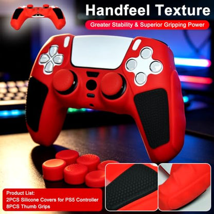 2 Pack Red Anti-Slip PS5 Controller Skin,Soft Thicken Studded Protective Silicone Cover Skin Grips Compatible with PS5/Slim/Pro Controller and 8 PCS Thumb Grips Caps. (2 Pack Red) - color: 2 Pack Red