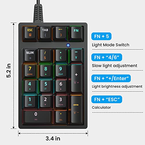 Number Pad, Mechanical USB Wired Numeric Keypad with RGB LED Backlit 21 Key Numpad,Mechanical Numeric Keypad for Laptop Desktop Computer PC Blue Switch - color: Classic Black