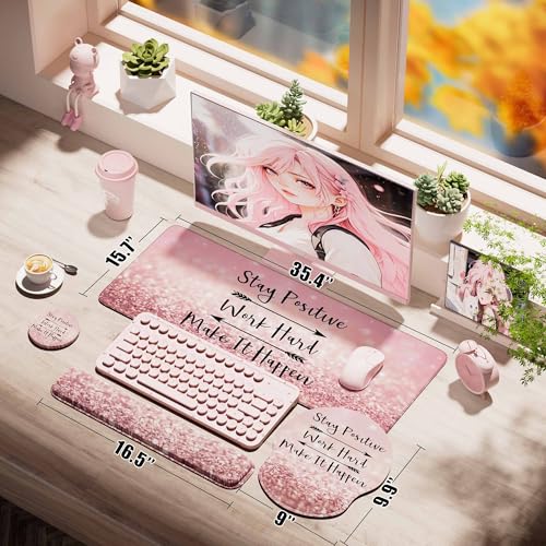 Desk Mat Set Keyboard and Mouse Pad with Wrist Rest Support | Ergonomic,Pain Relief, 4-in-1 Large Big Mousepad Computer Mats,Desk Pad Matt Mats for Desktop Home & Office - color: B-Glitter Pink