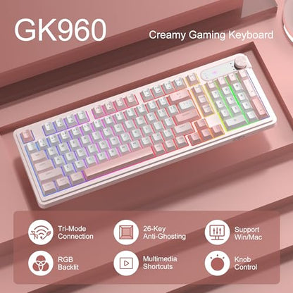 MageGee GK960 Wireless Keyboard, 98 Keys Tri-Mode BT/2.4G/Wired Membrane Gaming Keyboard, RGB Creamy Keyboard with Number Pad, Knob Control, 4000mAh Battery - Sakura Pink - color: Sakura Pink