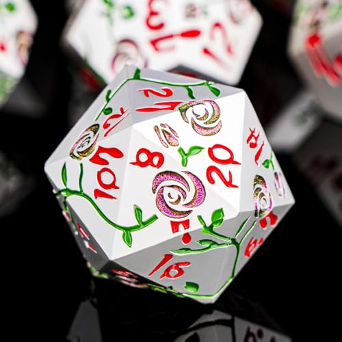 Gothic DND Dice Set Bleeding Rose Metal D and D Dice for use with Dungeons Dragons D&D Role Playing Game, Purple Red RPG Polyhedral Dice Set D20 D12 D10 D8 D6 D4 - color: Purple Red&silver&red Numbers
