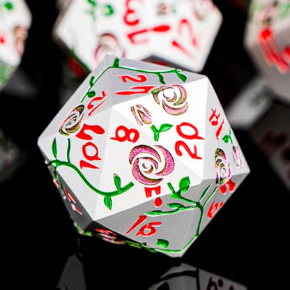 Gothic DND Dice Set Bleeding Rose Metal D and D Dice for use with Dungeons Dragons D&D Role Playing Game, Purple Red RPG Polyhedral Dice Set D20 D12 D10 D8 D6 D4 - color: Purple Red&silver&red Numbers